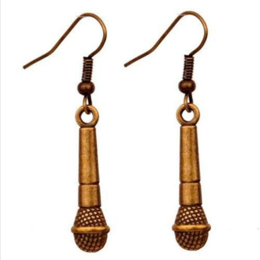 Mic Microphone Earrings Music Singer DJ Musician Gift Gold Tone Dangle